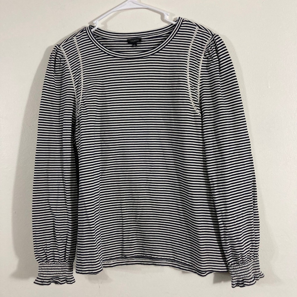 Talbots Striped Top Womens Large Navy Blue White Smocked Cuff Crochet Trim